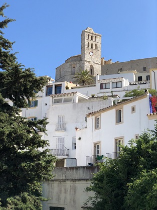 looking up to Catedral de Santa María de las Nieves in Ibiza old town