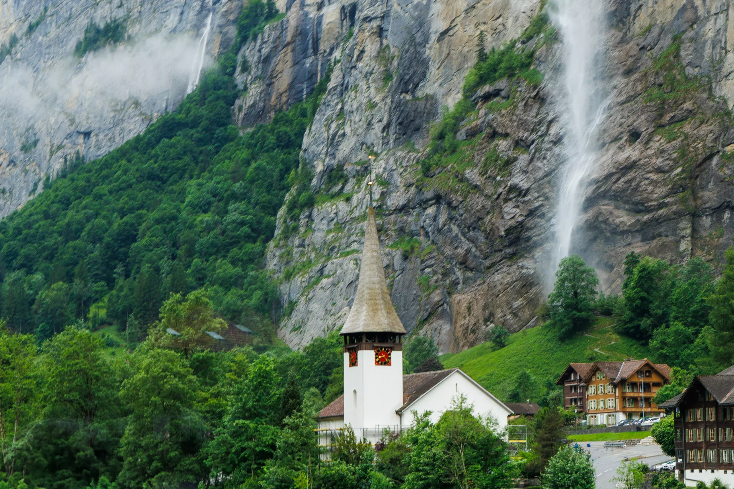 lauterbrunnen church and waterfall